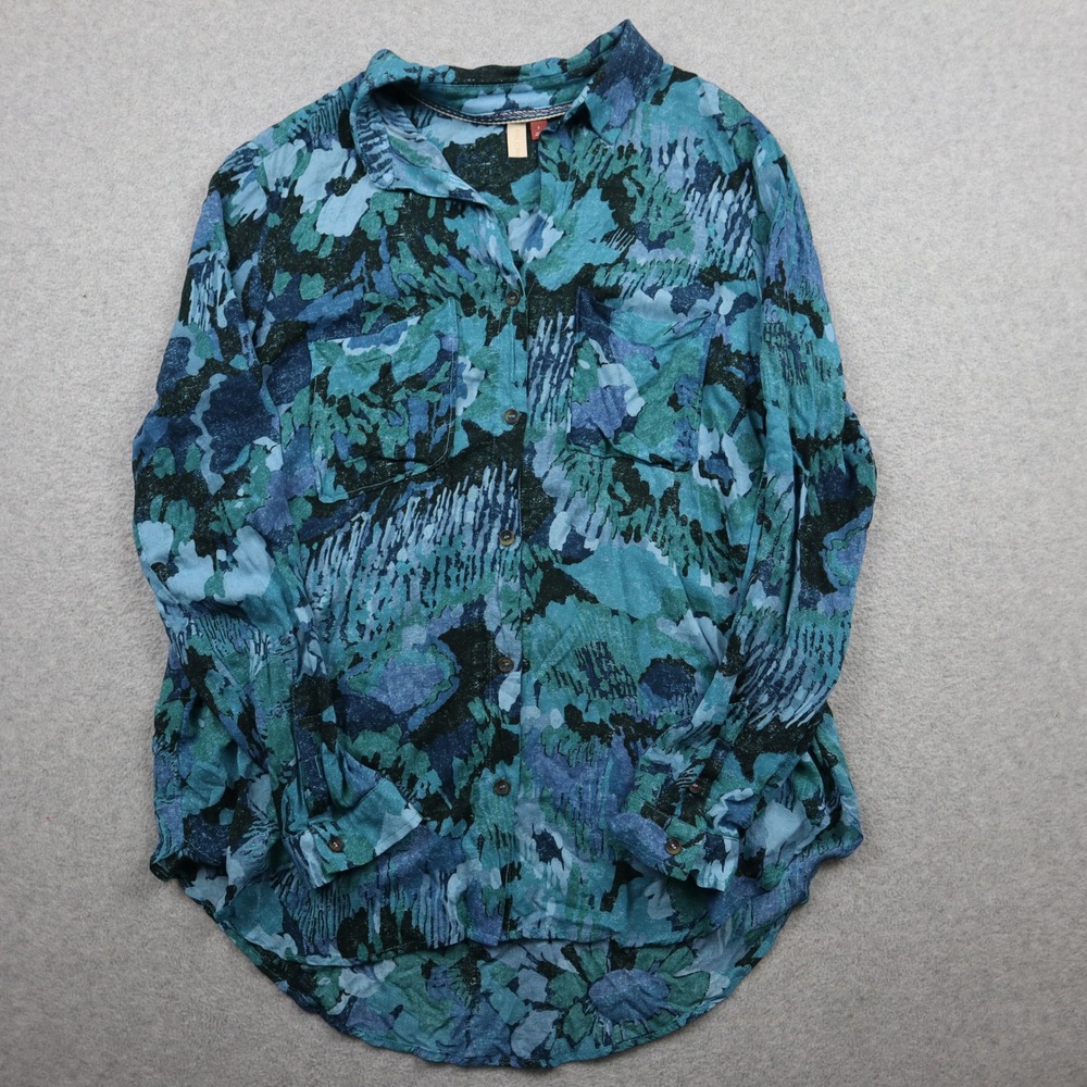 Pilcro Button Down Shirt Womens Small Blue Green Abstract Floral Viscose Top